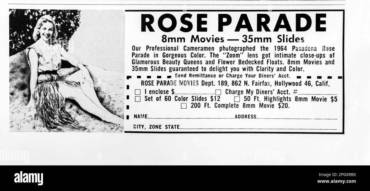 Pasadena Rose Parade – Fotowerbung und Filmwerbung in einer Zeitschrift NatGeo, 1964 Stockfoto