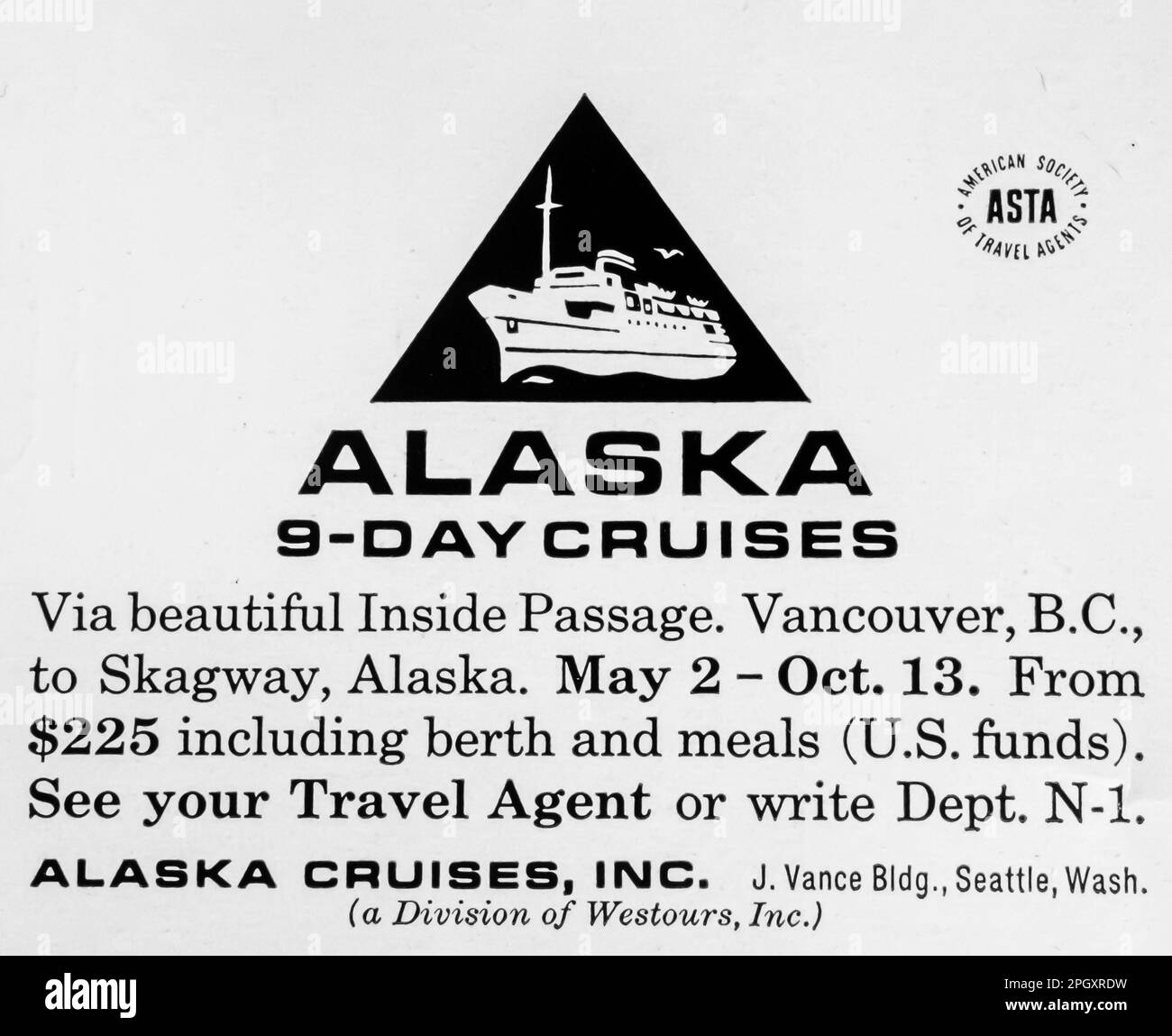 Kreuzfahrtanzeige in Alaska in einem Magazin in NatGeo, Februar 1964 Stockfoto