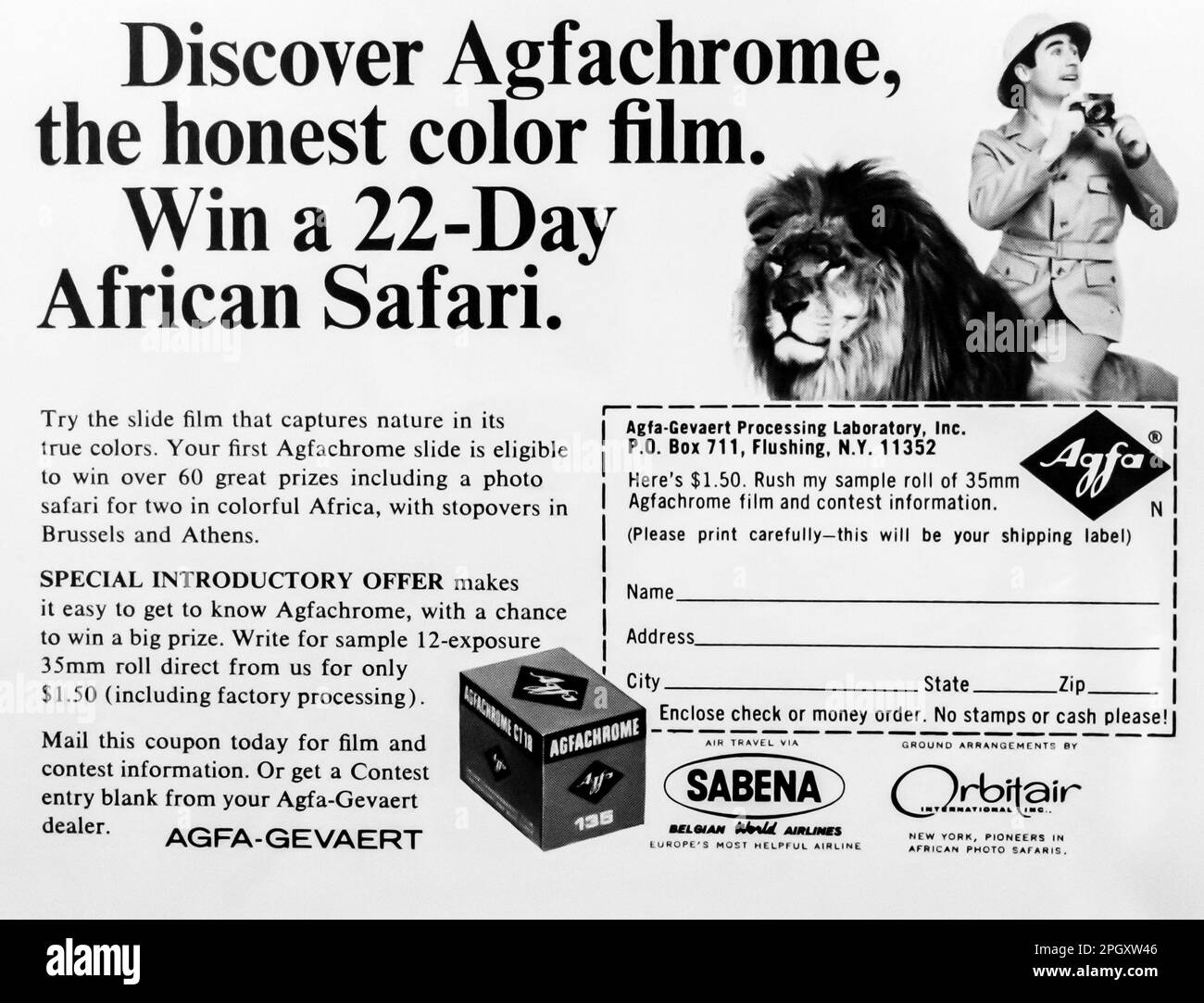 Agfachrome-Farbfilm, Dias, Reisewerbung in einer Zeitschrift NatGeo, Juli 1967 Stockfoto