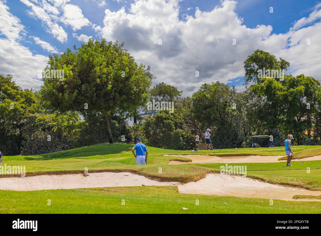 Wunderschöne Aussicht auf die Leute, die auf dem Golfplatz auf Palmen spielen. Aruba. Oranjestad. Stockfoto