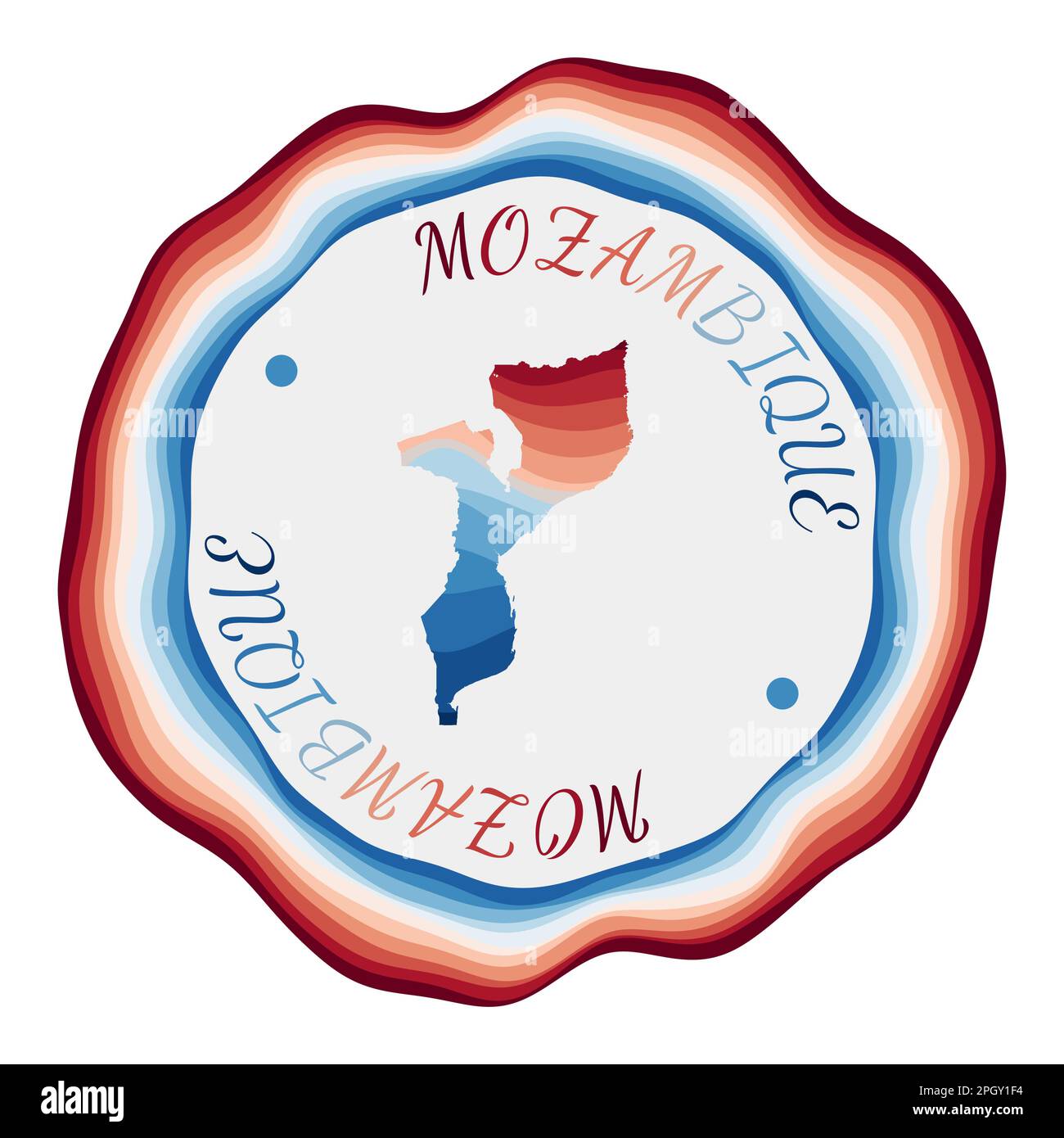 Mosambik-Abzeichen. Landkarte mit wunderschönen geometrischen Wellen und leuchtendem rot-blauem Rahmen. Lebendiges, rundes Mosambik-Logo. Vektorabbildung. Stock Vektor