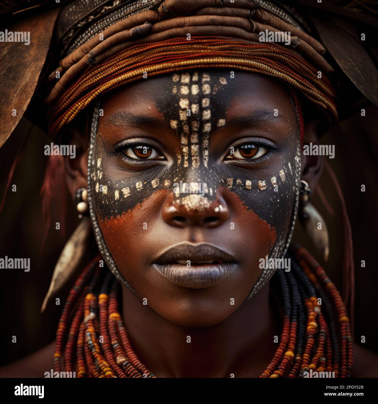 Das Gesicht einer affrikanischen Frau mit expressiven Eigenschaften während einer Stammeszeremonie Stockfoto