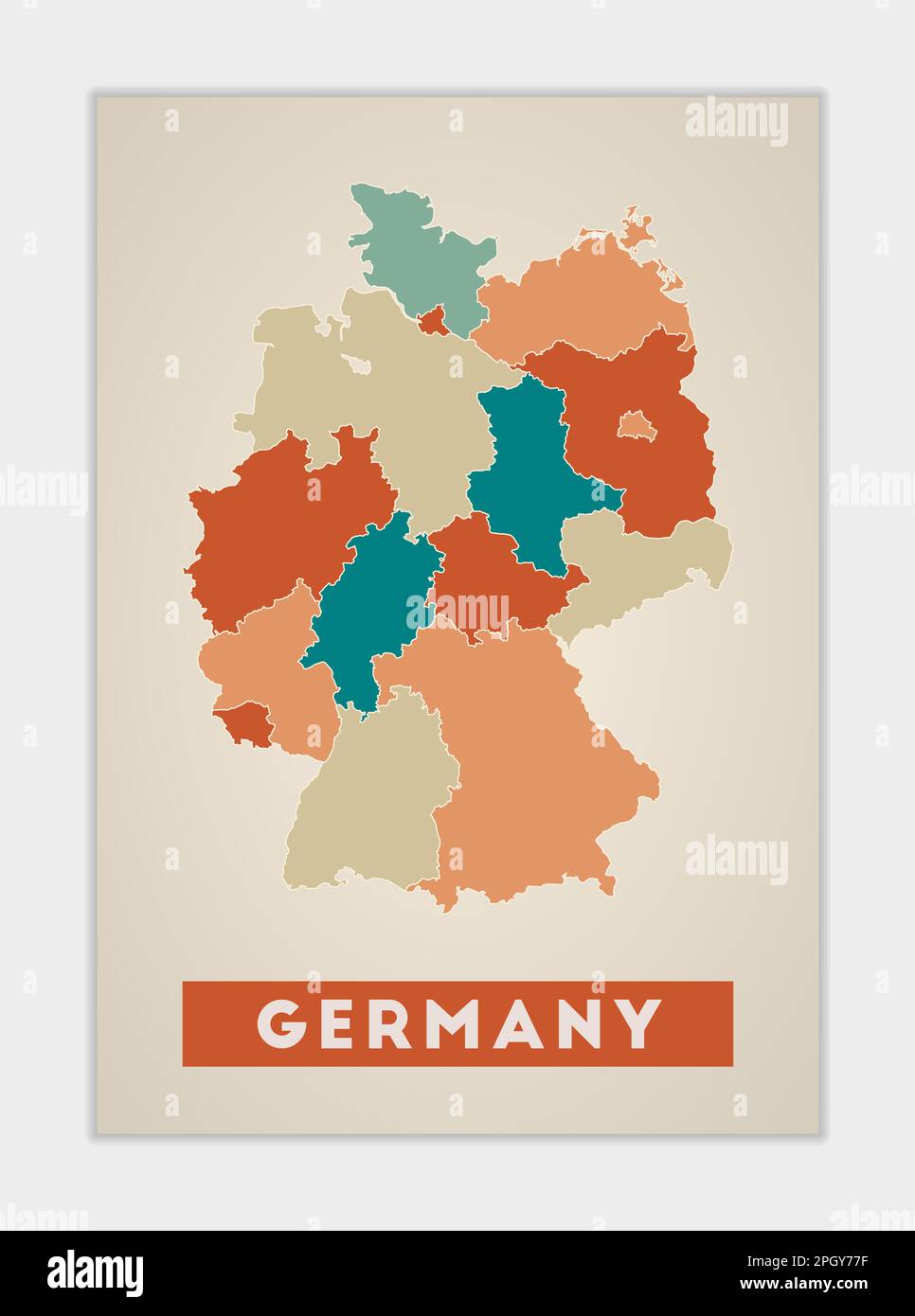 Poster Deutschland. Landkarte mit farbenfrohen Regionen. Form Deutschlands mit Ländername. Künstlerische Vektorillustration. Stock Vektor