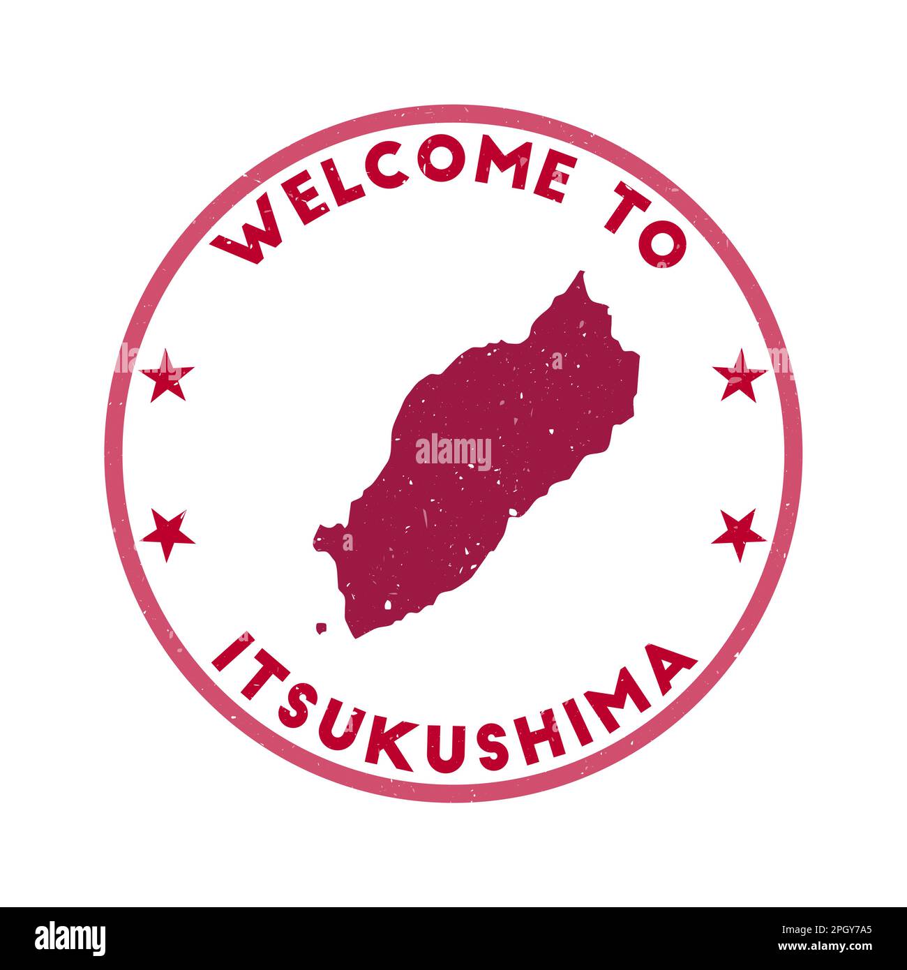 Willkommen bei der Itsukushima-Marke. Runder Grunge Island Stempel mit Textur in Nippon Farbmotiv. Geometrisches Itsukushima-Siegel im Vintage-Stil. Stock Vektor