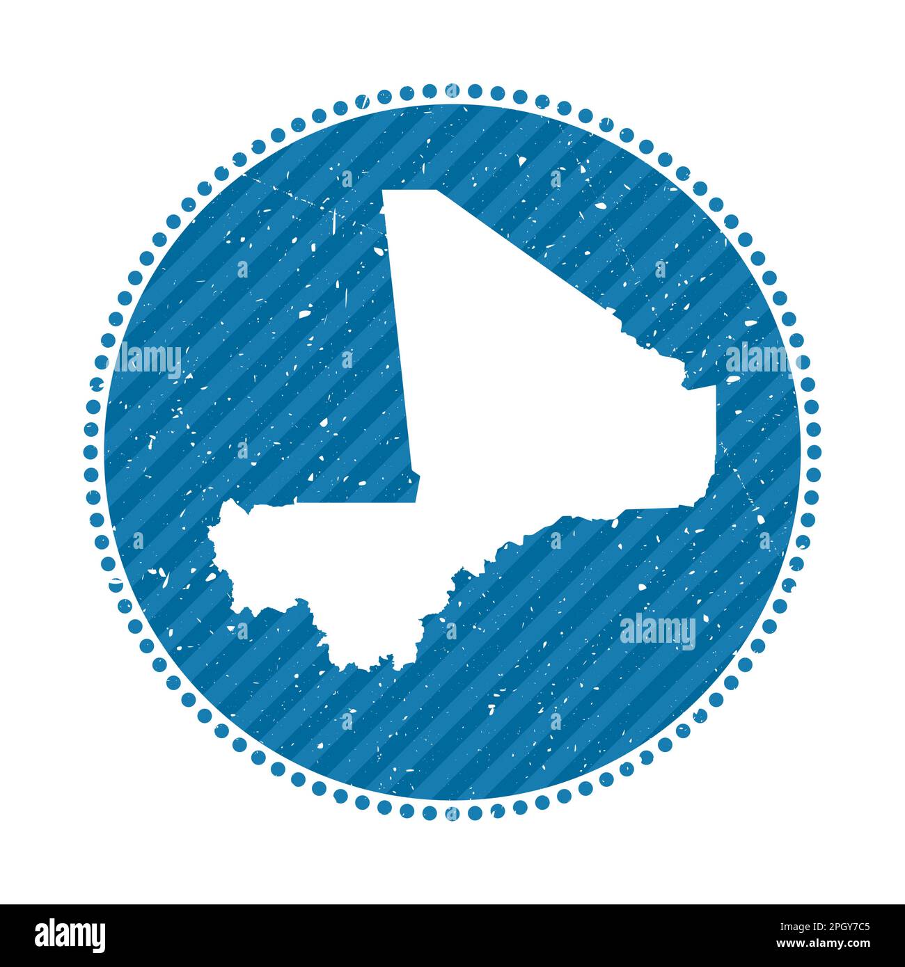 Mali gestreifter Retro-Reiseaufkleber. Abzeichen mit Landkarte, Vektorillustration. Kann als Abzeichen, Logo, Etikett, Aufkleber oder Abzeichen von Mali verwendet werden. Stock Vektor