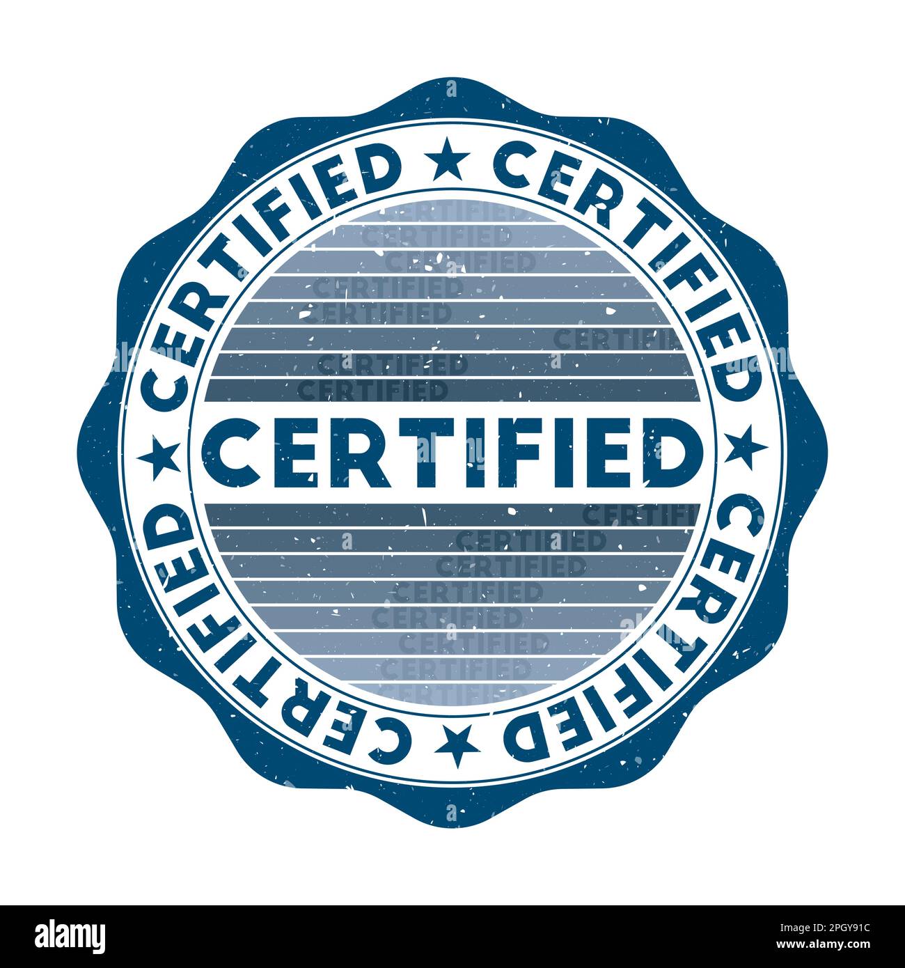 Zertifiziertes Abzeichen. Grunge-Wort-runder Stempel mit Textur in Mermaid Blues Farbmotiv. Geometrisch zertifiziertes Siegel im Vintage-Stil mit Verlaufsstreifen. Stock Vektor