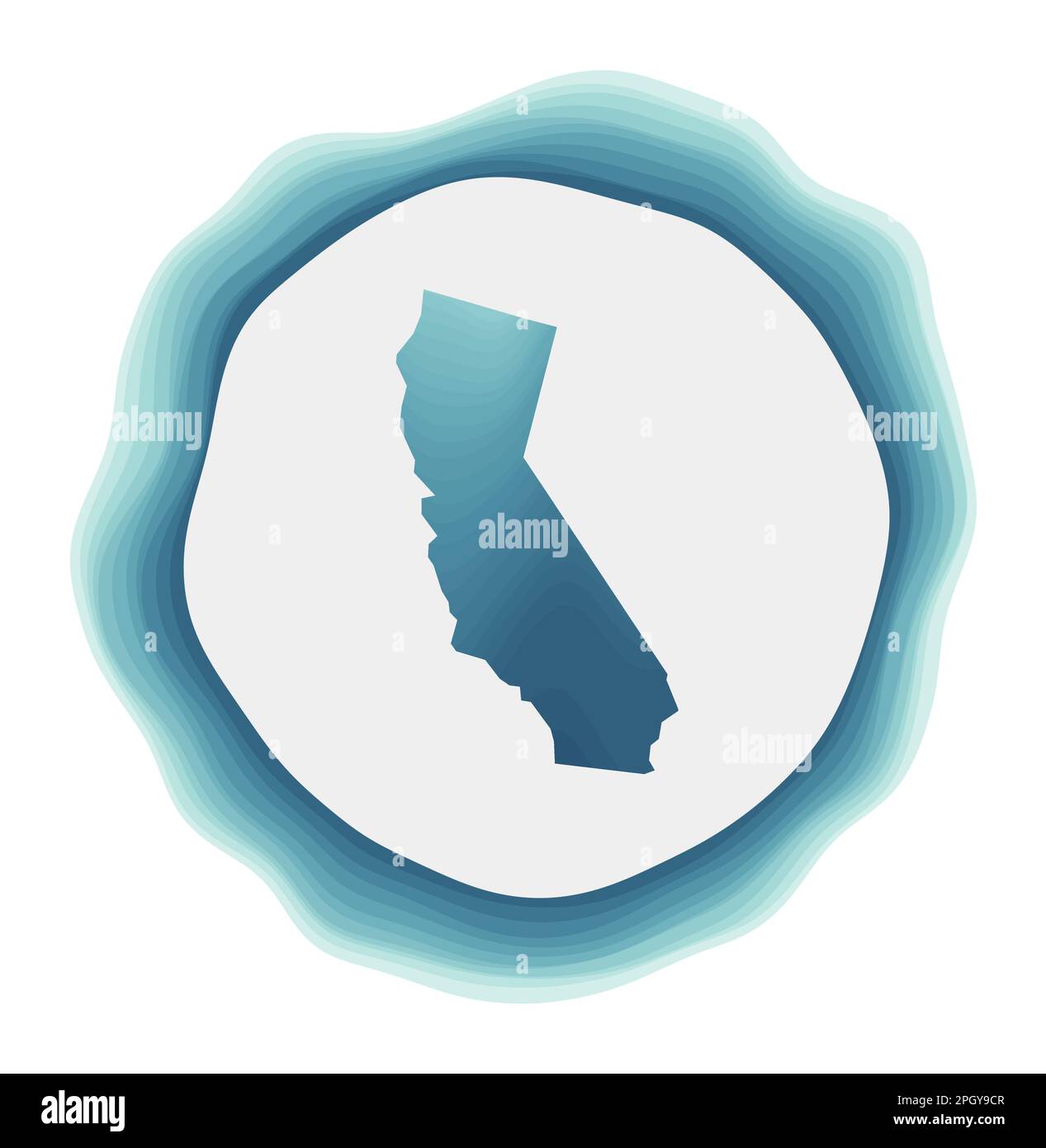 California Logo. Abzeichen des US-Bundesstaates. Mehrschichtiges kreisförmiges Schild um die kalifornische Grenzform. Fantastische Vektor-Illustration. Stock Vektor
