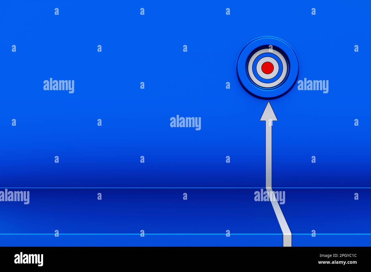 Der weiße Pfeil traf das Ziel an der blauen Metallwand. Weißer Pfeil nach oben, 3D Pfeil nach oben, Geschäftsstrategie und Zielerreichungskonzept Stockfoto