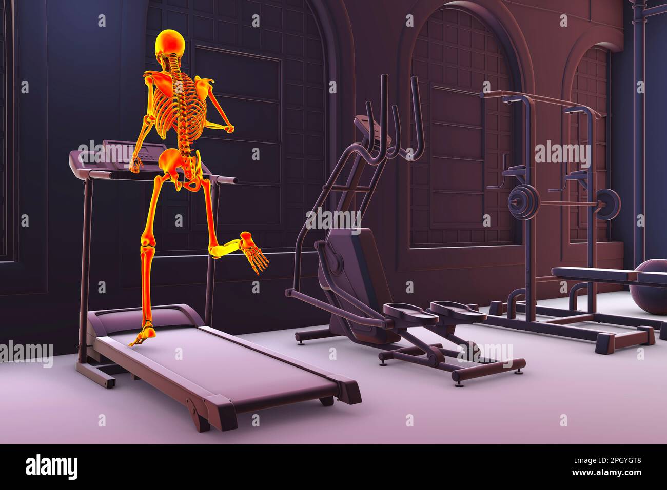 Skelett läuft auf einem Laufband, Illustration Stockfoto