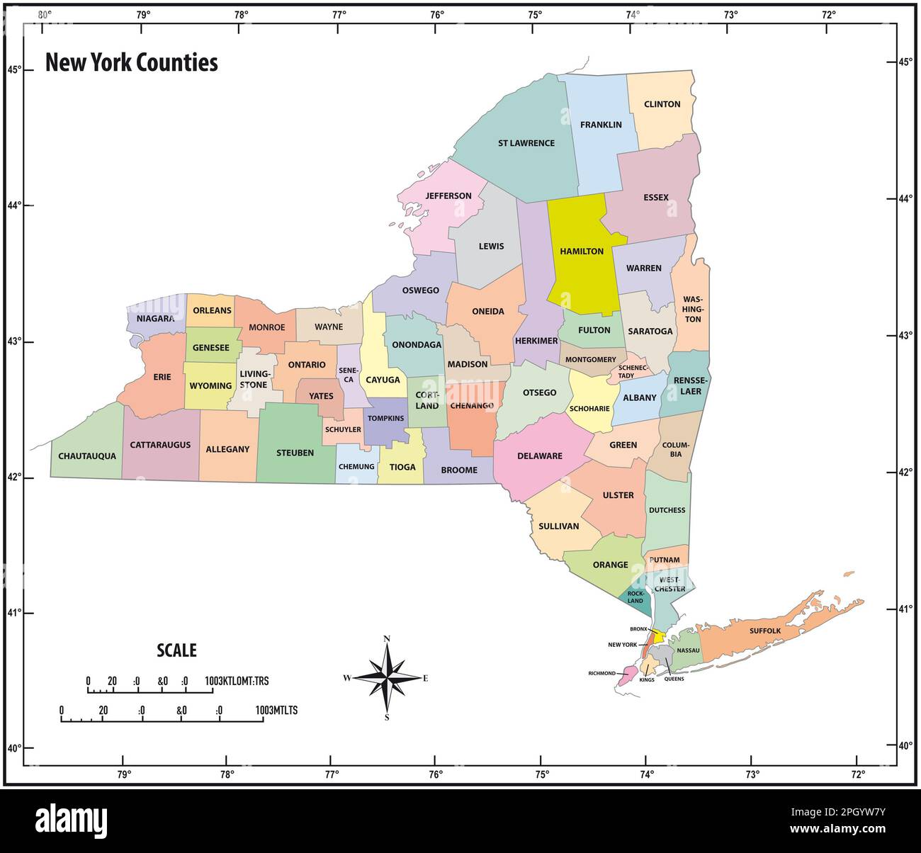 Der Bundesstaat New york zeigt eine Karte administrativer und politischer Vektoren in Farbe Stockfoto
