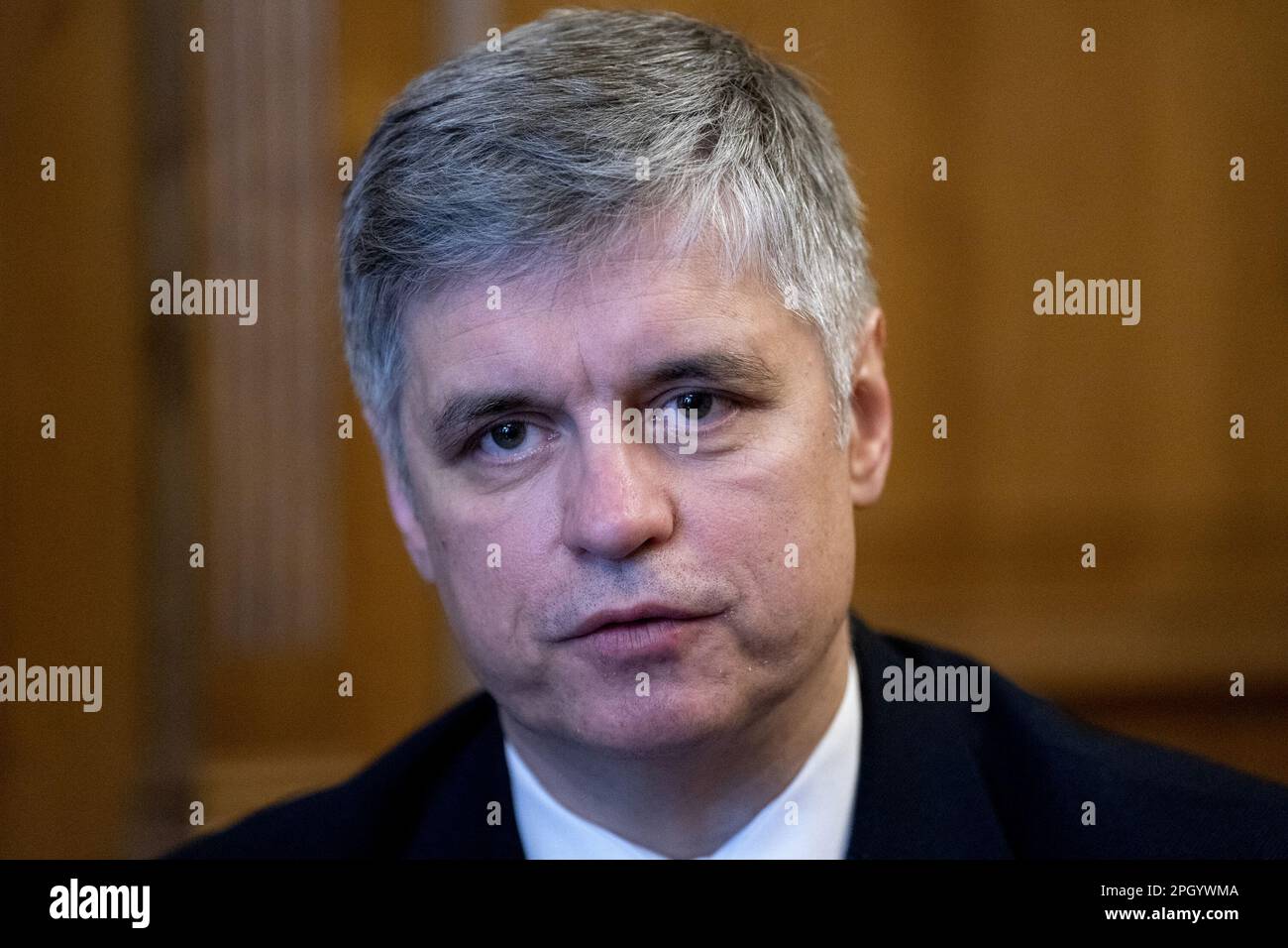 Dossierfoto vom 22. Oktober 02/23 des ukrainischen Botschafters im Vereinigten Königreich, Vadym Prystaiko, der dem britischen Volk für seine Großzügigkeit bei der Hilfe für diejenigen dankte, die vor dem durch die russische Invasion der Ukraine verursachten Konflikt fliehen. Ausgabedatum: Samstag, 25. März 2023. Stockfoto