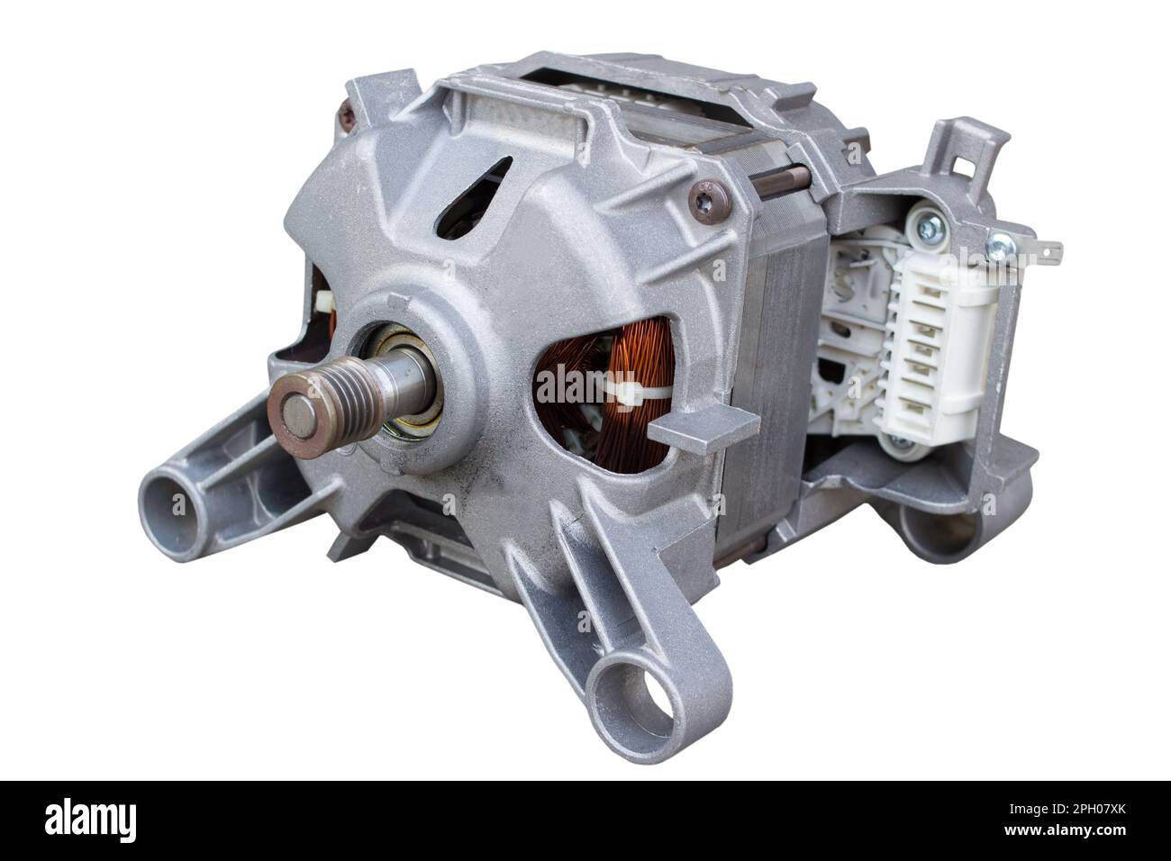 Elektromotor einer Waschmaschine auf weißem Hintergrund Stockfoto