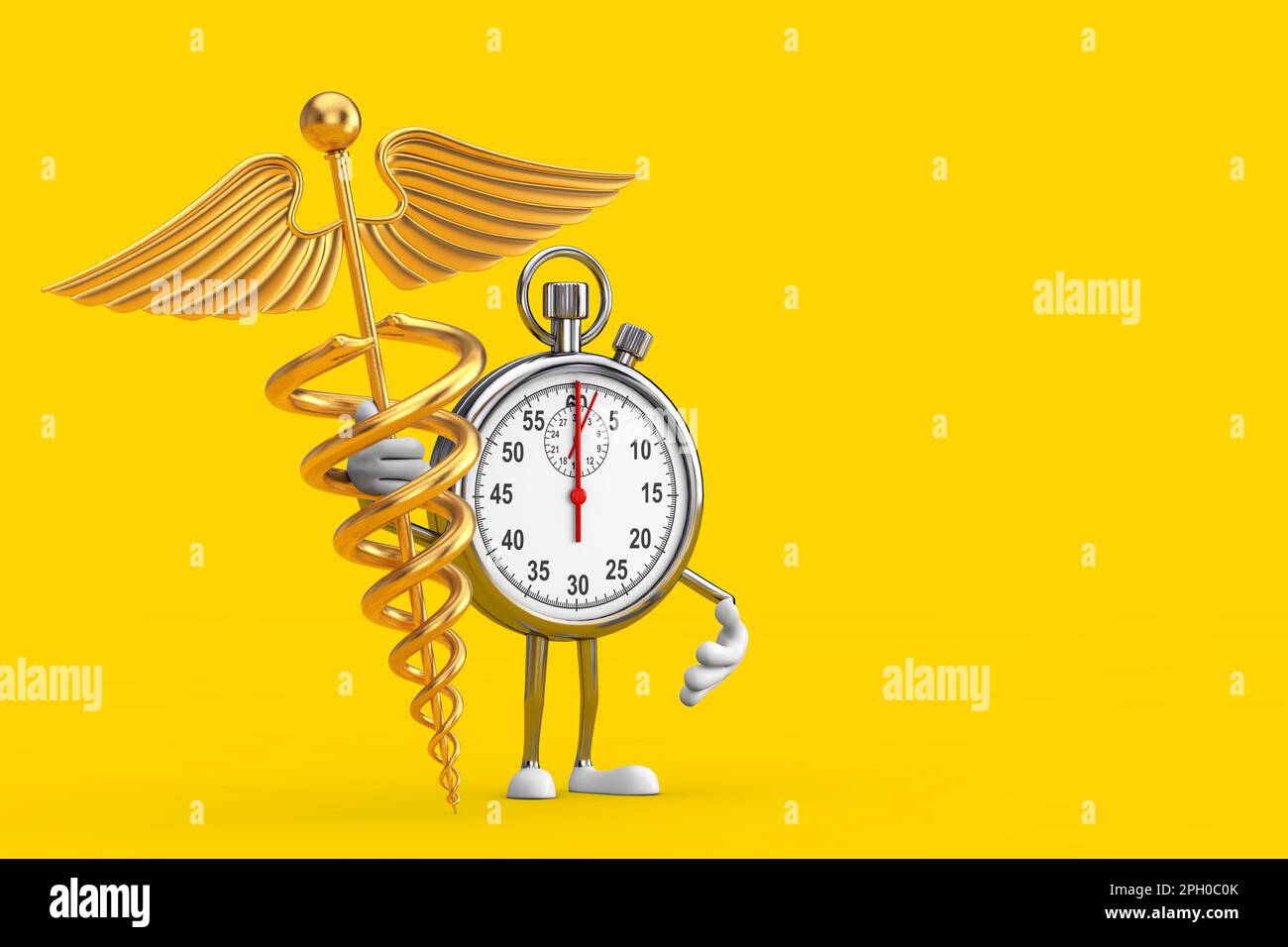 Moderne Stoppuhr Cartoon Person Maskottchen mit goldenem medizinischem Caduceus-Symbol auf gelbem Hintergrund. 3D-Rendering Stockfoto