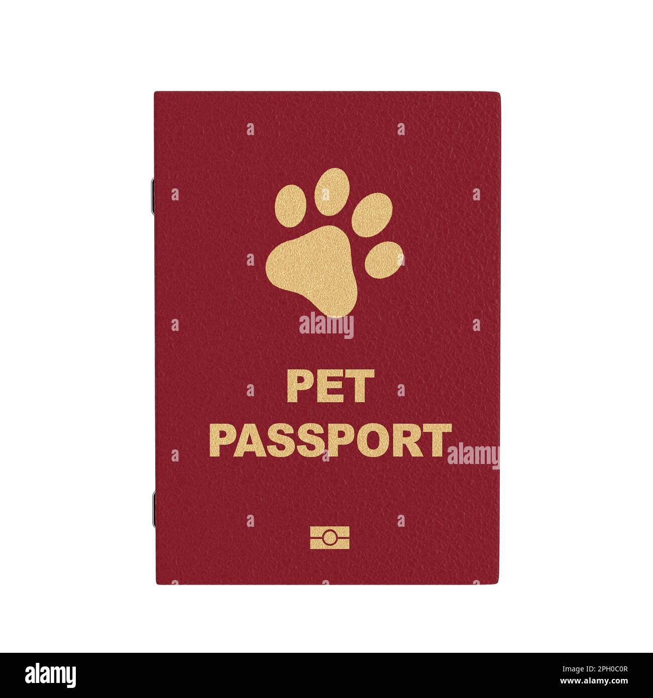 Rotes Pet Passport-Dokument oder Transportzertifikat für Hunde und Katzen mit goldener Pfote auf dem Deckblatt auf weißem Hintergrund. 3D-Rendering Stockfoto