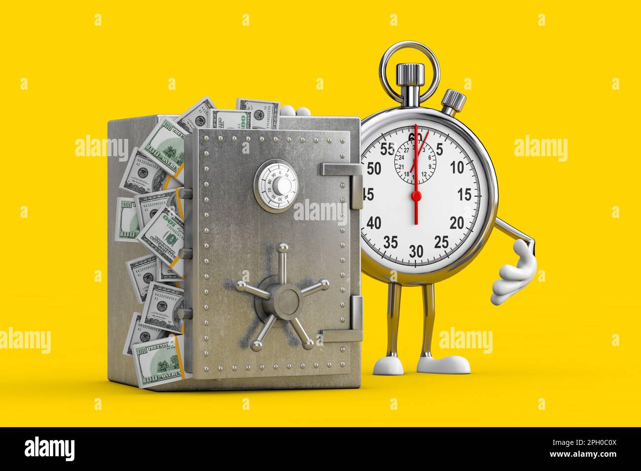 Modernes Cartoon-Maskottchen mit Figur und Tresor oder Safe voller Dollarscheine auf gelbem Hintergrund. 3D-Rendering Stockfoto