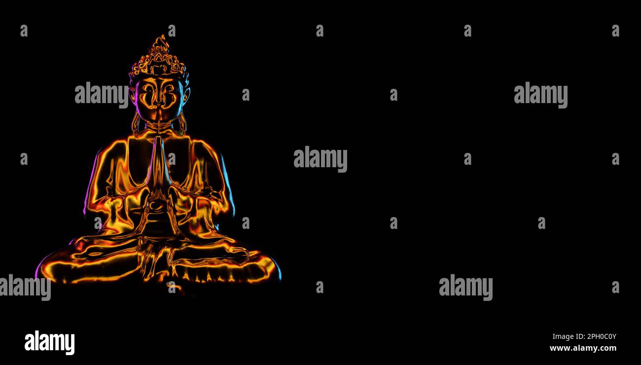 Goldene Buddha-Statue in Lotus-Pose auf schwarzem Hintergrund. 3D-Rendering Stockfoto