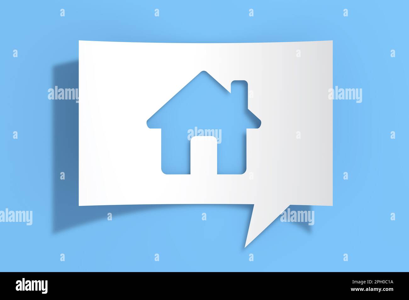 Haussymbol auf Ausschnitt White Paper Sprechblase auf blauem Hintergrund. 3D-Rendering Stockfoto