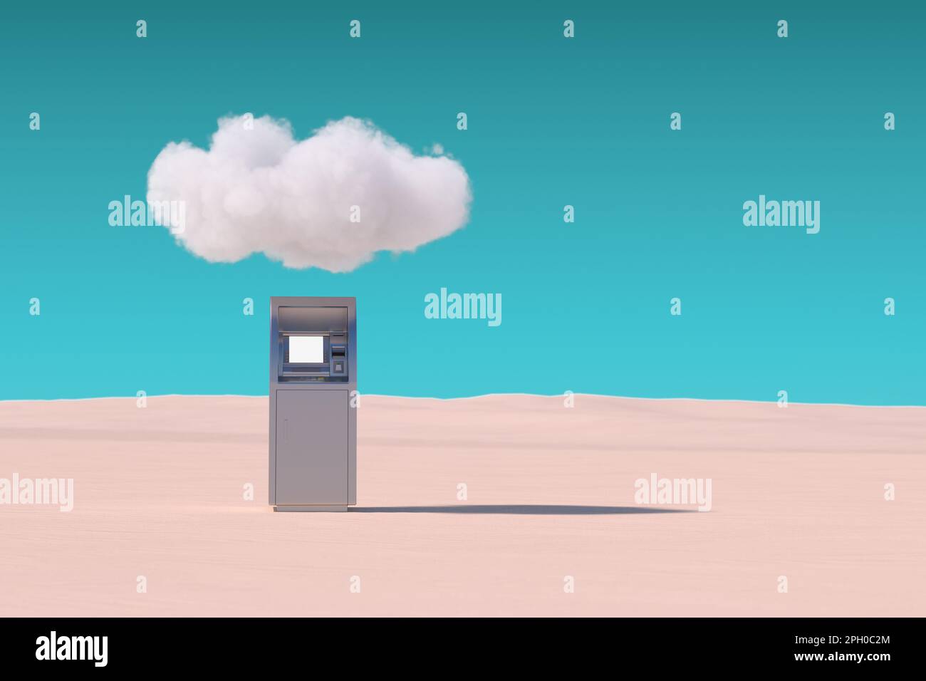 Geldautomat unter der Wolke in der Wüste auf blauem Himmel. 3D-Rendering Stockfoto