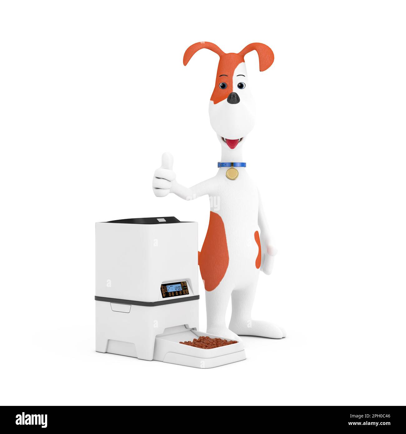 Cartoon niedlicher Hund mit automatischem, elektronischem, digitalem Essensspender für die Trockenlagerung von Haustieren auf weißem Hintergrund. 3D-Rendering Stockfoto
