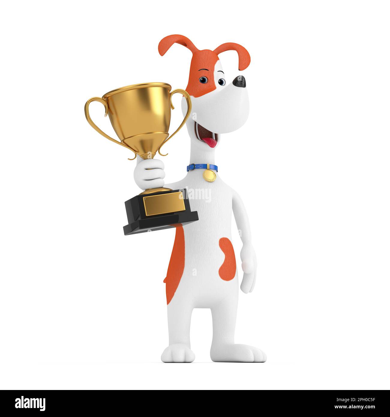 Cartoon-Trophäe „süßer Hund mit goldenem Preis“ auf weißem Hintergrund. 3D-Rendering Stockfoto