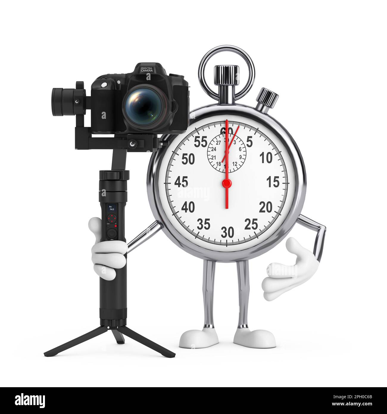 Modernes „Stop Watch“-Cartoon-Maskottchen mit DSLR- oder Videokamera-Stativsystem zur Stabilisierung der Bewegungsabläufe auf weißem Hintergrund. 3D-Rendering Stockfoto