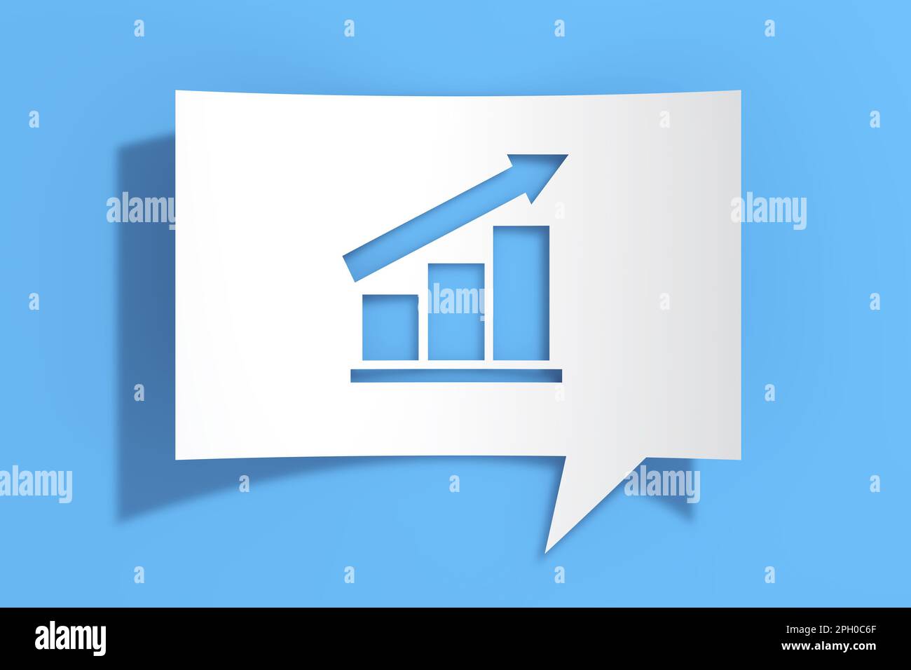 Wachsende Balken oder Fortschrittsdiagramme und Pfeilsymbol auf Ausschnitt Whitepaper Sprechblase auf blauem Hintergrund. 3D-Rendering Stockfoto