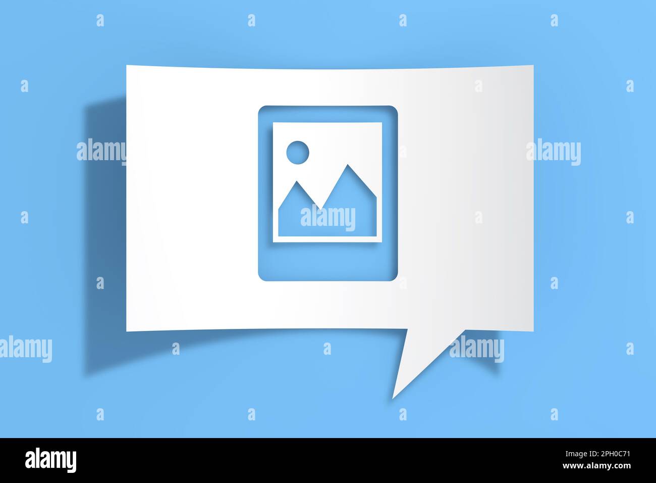 Fotosymbol auf Ausschnitt Whitepaper Sprechblase auf blauem Hintergrund. 3D-Rendering Stockfoto