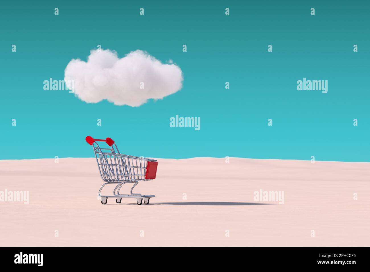 Trolley Shopping Cart Under Cloud in Desert auf blauem Himmel Hintergrund. 3D-Rendering Stockfoto