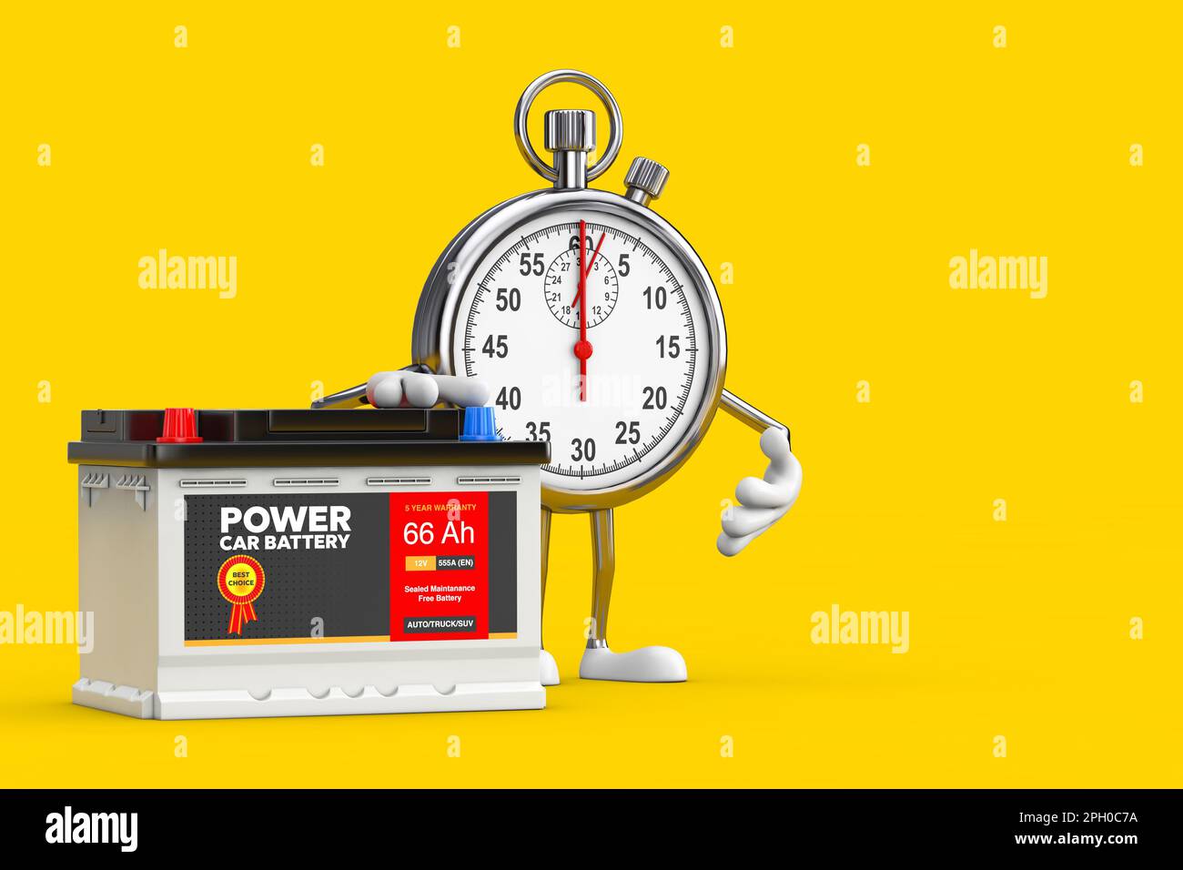 Modern Stop Watch Cartoon Personemaskottchen und wiederaufladbare Autobatterie 12V Akkumulator mit abstraktem Etikett auf gelbem Hintergrund. 3D-Rendering Stockfoto