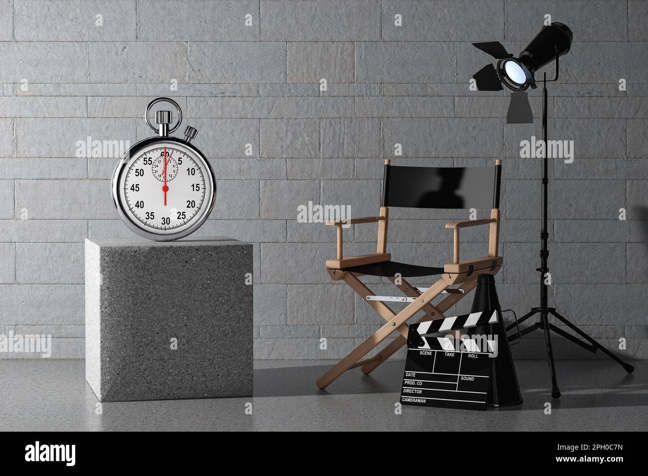 Stoppuhr mit leerem Bildschirm in der Nähe des Regisseurs, Filmklapper und Spotlight vor Steinblöcken Wandhintergrund. 3D-Rendering Stockfoto