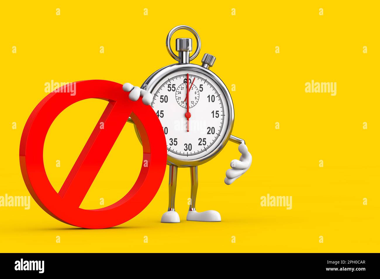 Modernes „Stop Watch“-Cartoon-Maskottchen mit rotem Verbotsschild oder Verbotsschild auf gelbem Hintergrund. 3D-Rendering Stockfoto