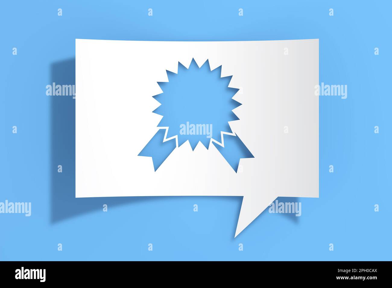 Farbband Rosette Symbol auf Ausschnitt Whitepaper Sprechblase auf blauem Hintergrund. 3D-Rendering Stockfoto