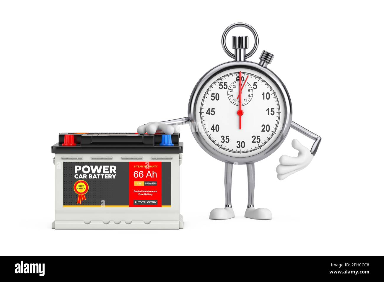 Modern Stop Watch Cartoon Personemaskottchen und wiederaufladbare Autobatterie 12V Akkumulator mit abstraktem Etikett auf weißem Hintergrund. 3D-Rendering Stockfoto