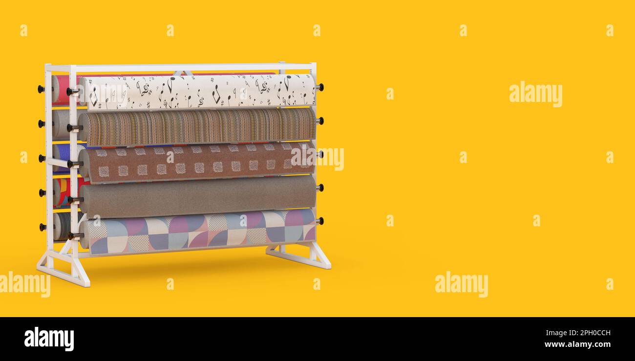 Muster für gerollten Teppich mit Teppichladen-Gestell auf gelbem Hintergrund. 3D-Rendering Stockfoto