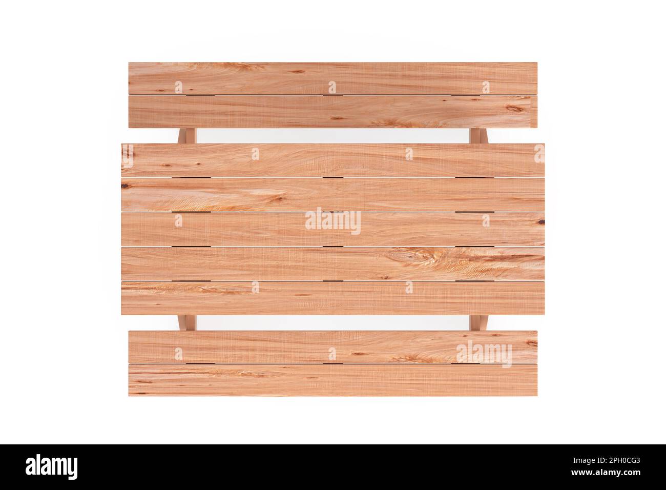 Picknicktisch aus Holz mit Bänken, Draufsicht auf weißem Hintergrund. 3D-Rendering Stockfoto