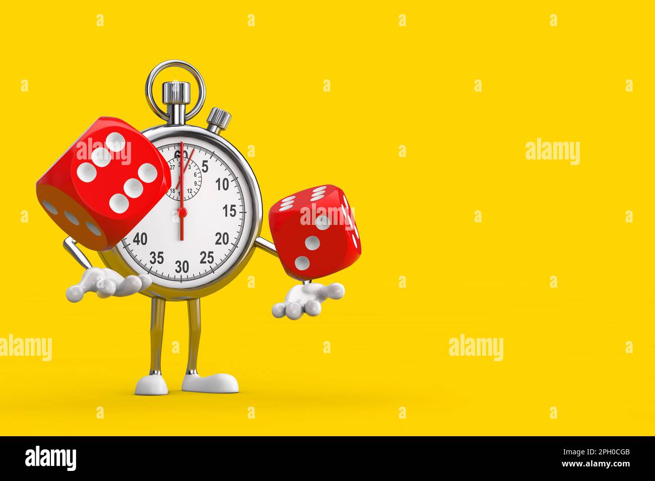 Modern Stopwatch Cartoon Person Maskottchen mit roten Würfelwürfeln im Flug auf gelbem Hintergrund. 3D-Rendering Stockfoto