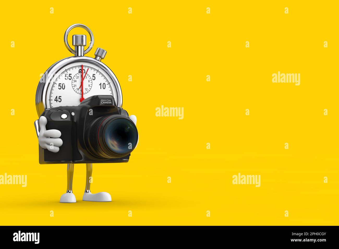Modernes Cartoon-Figurenmaskottchen mit Stoppuhr und moderner Digitalkamera auf gelbem Hintergrund. 3D-Rendering Stockfoto