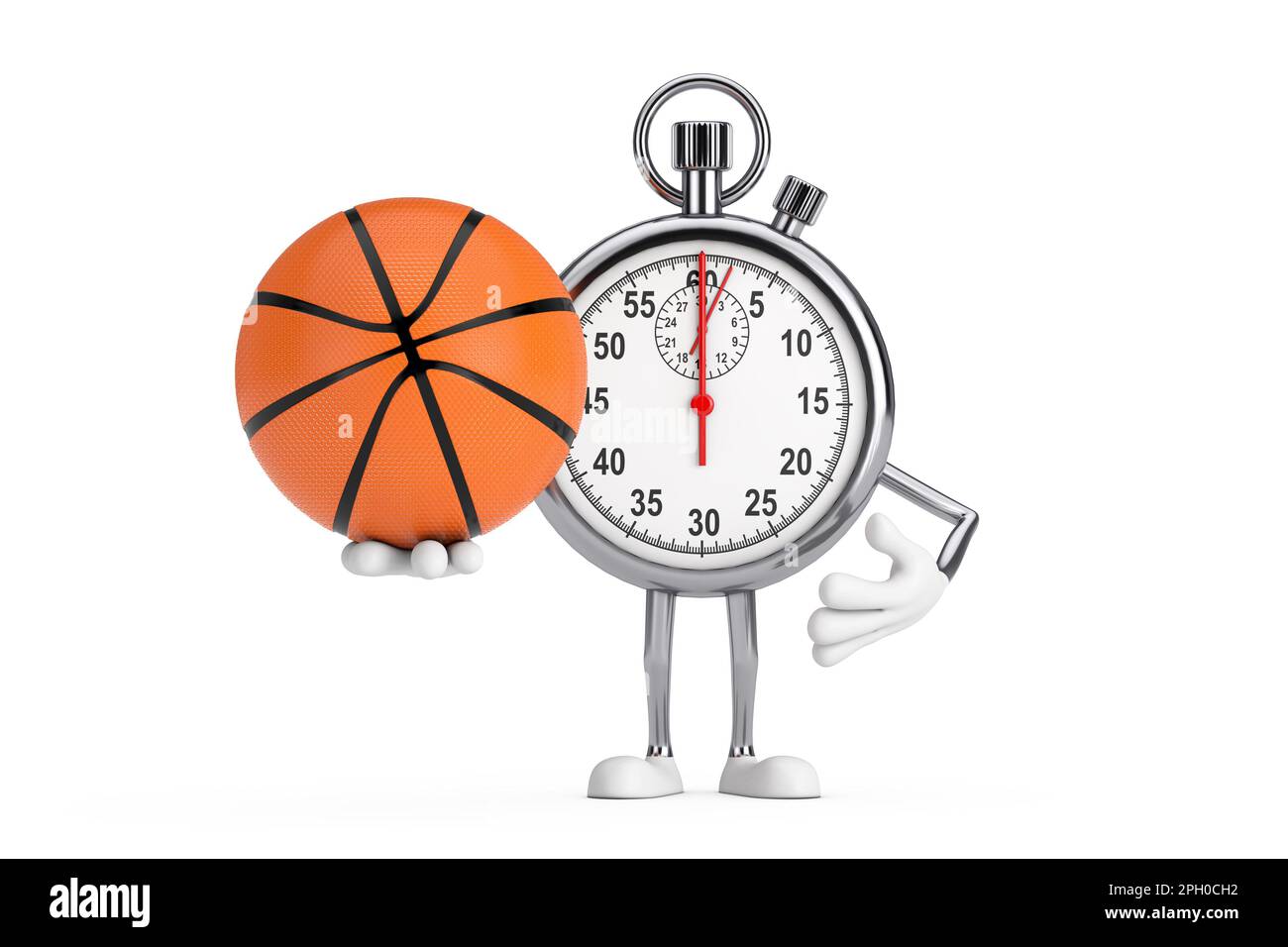 Modernes „Stop Watch“-Cartoon-Maskottchen mit Figur und Basketballball auf weißem Hintergrund. 3D-Rendering Stockfoto