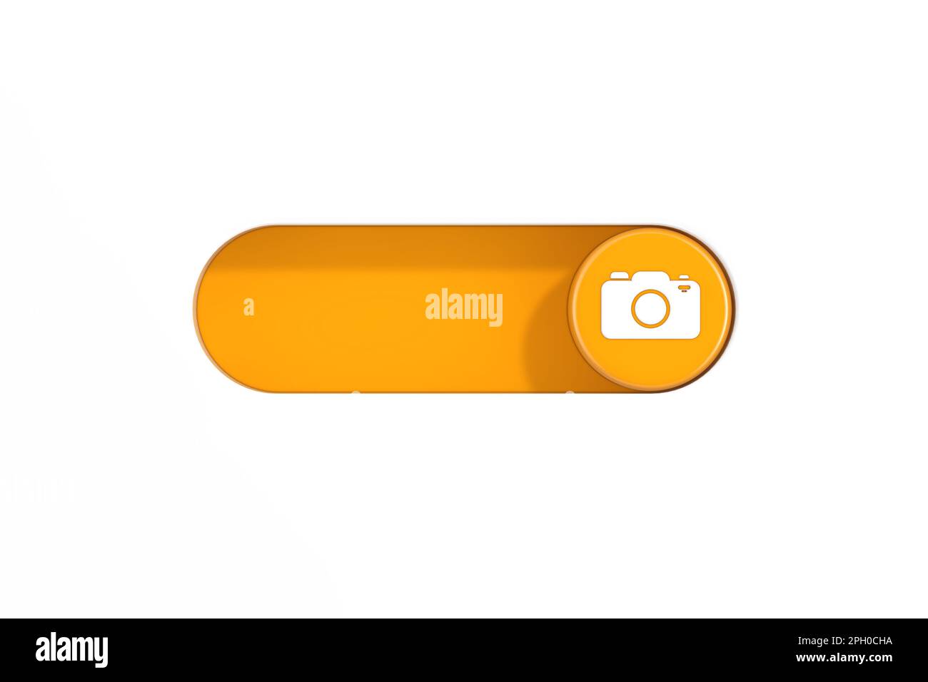 Gelber Umschalter-Schieberegler mit Symbol für die Fotokamera auf weißem Hintergrund. 3D-Rendering Stockfoto