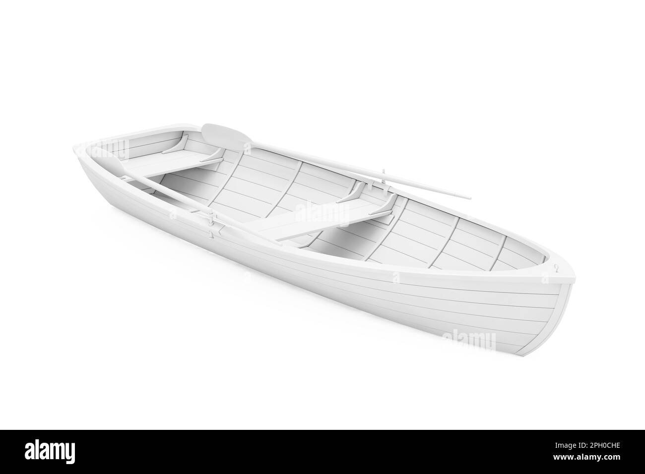Weißes altes Fischerboot aus Holz im Ton-Stil auf weißem Hintergrund. 3D-Rendering Stockfoto