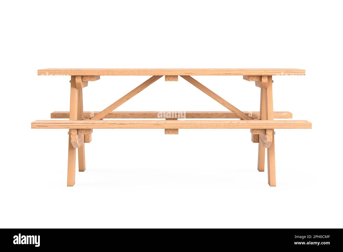 Picknicktisch aus Holz mit Bänken auf weißem Hintergrund. 3D-Rendering Stockfoto