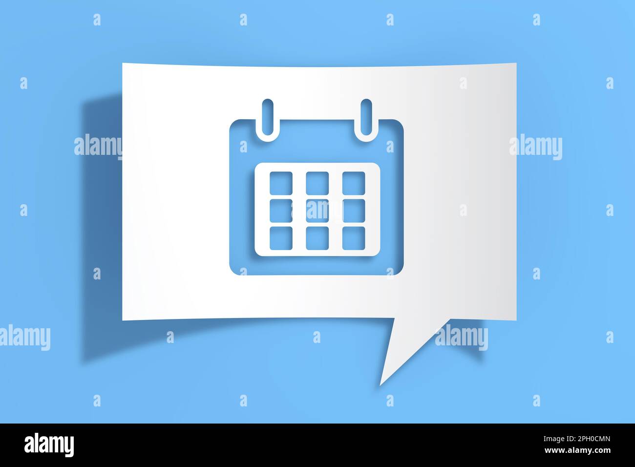 Kalendersymbol auf dem Whitepaper „Ausschnitt“ Sprechblase auf blauem Hintergrund. 3D-Rendering Stockfoto