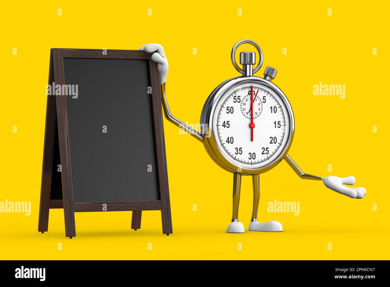 Modernes „Stop Watch“-Cartoon-Maskottchen mit leerem Holzmenü, Tafeln für den Außenbereich auf gelbem Hintergrund. 3D-Rendering Stockfoto