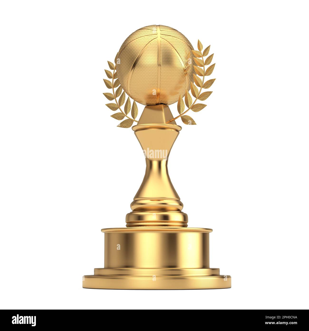 Goldene Auszeichnung mit goldenem Basketballball und Laurel Kranz auf weißem Hintergrund. 3D-Rendering Stockfoto