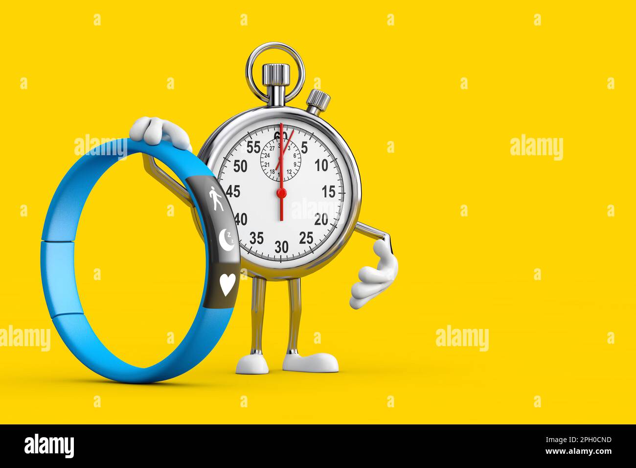 Modernes „Stop Watch“-Cartoon-Maskottchen mit Figur und blauem Fitness-Tracker auf gelbem Hintergrund. 3D-Rendering Stockfoto