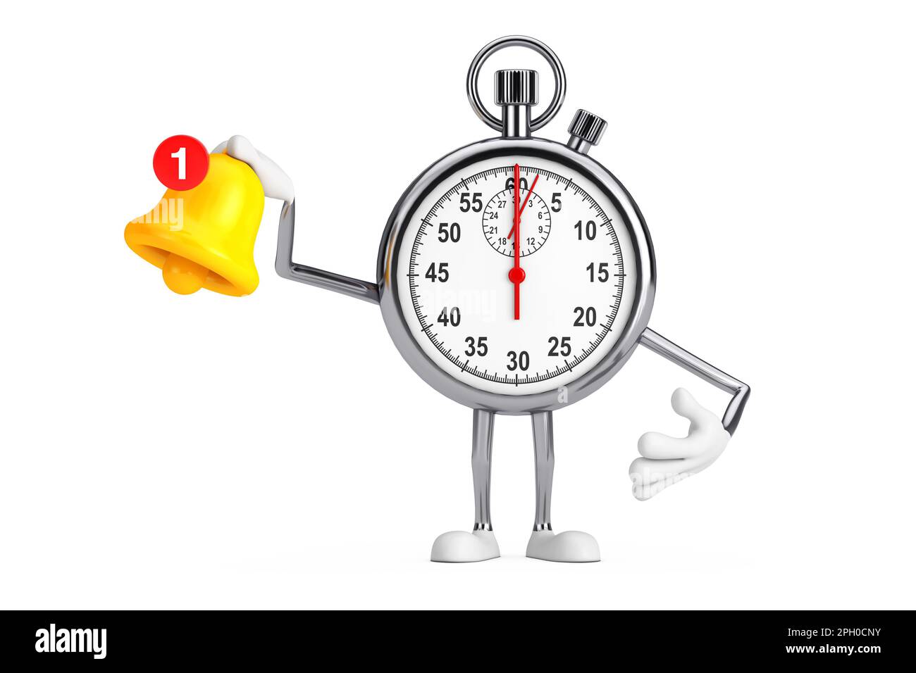 Moderne Stoppuhr Cartoon Person Figur Maskottchen mit Cartoon Benachrichtigungsglocke in sozialen Medien und Symbol für neue Nachricht auf weißem Hintergrund. 3D-Rendering Stockfoto
