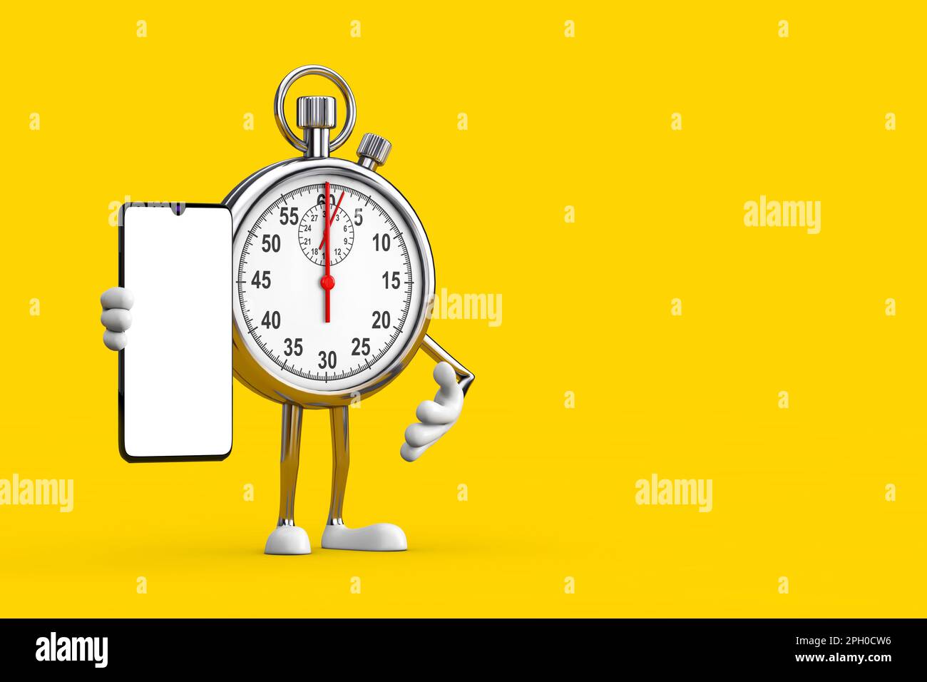 Modernes Personenkottchen mit Stoppuhr und modernem Mobiltelefon mit leerem Bildschirm für Ihr Design auf gelbem Hintergrund. 3D-Rendering Stockfoto