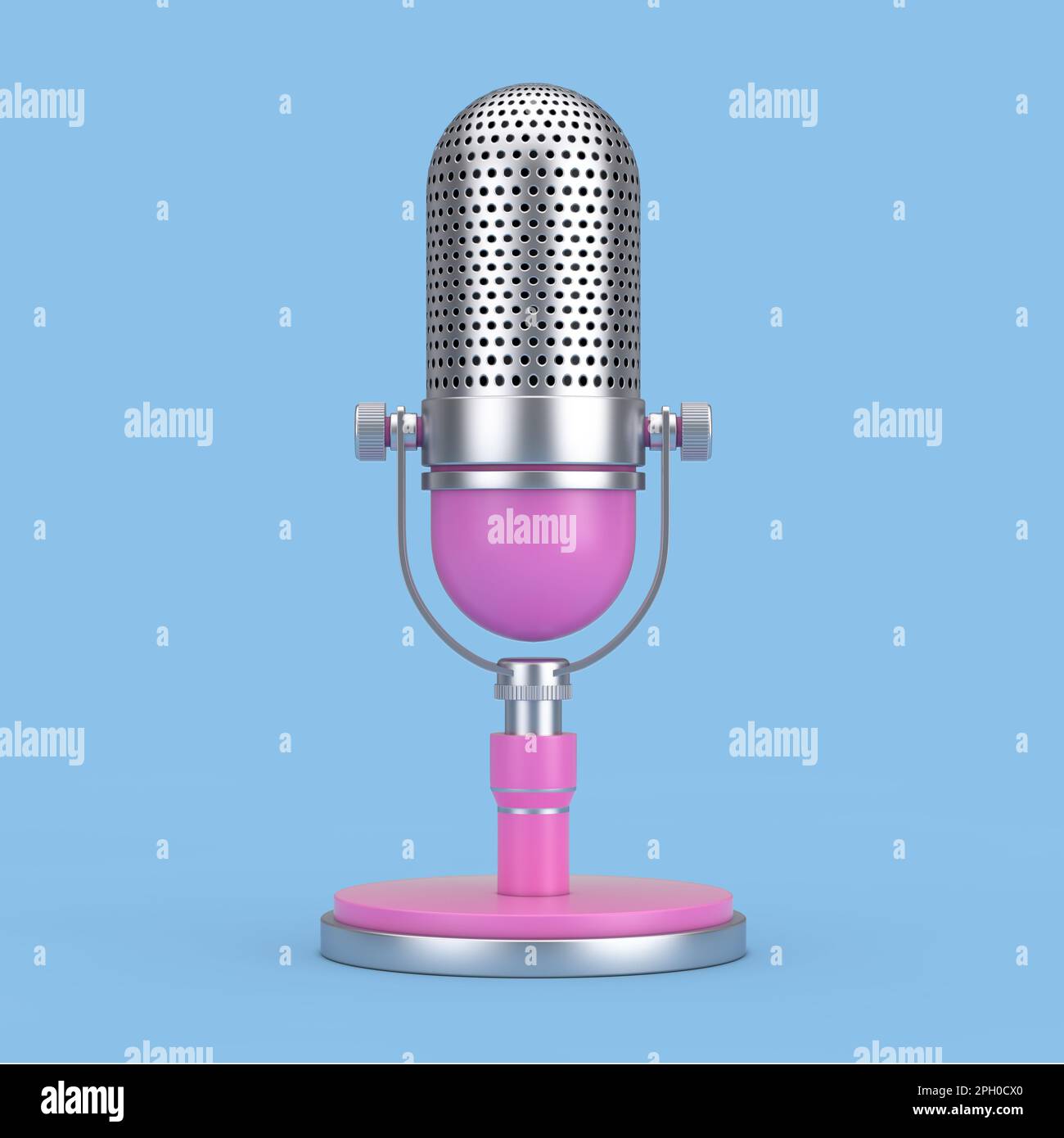 Cartoon Rosa Mikrofon Websymbol auf blauem Hintergrund. 3D-Rendering Stockfoto