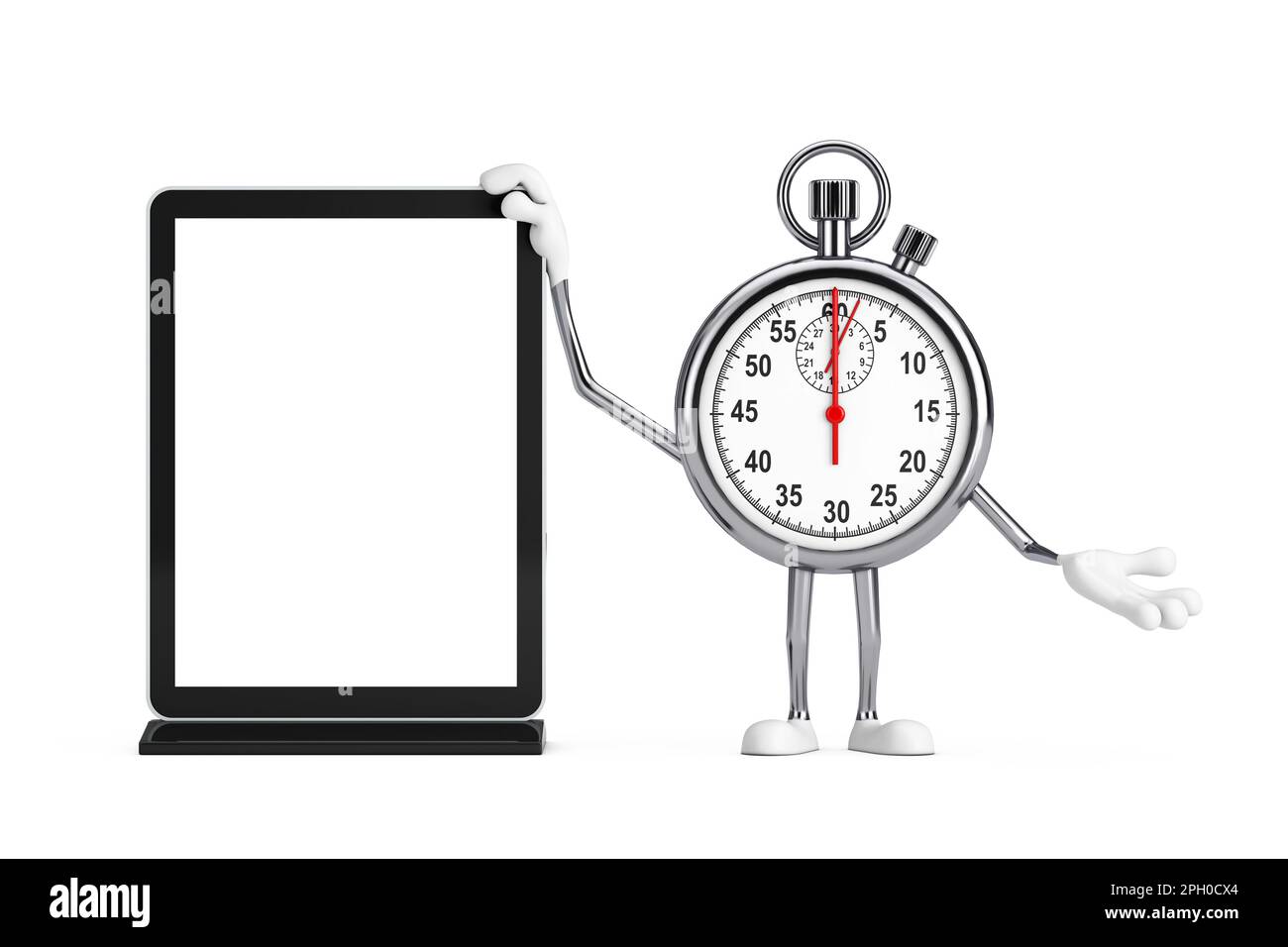 Modernes „Stop Watch“-Cartoon-Maskottchen mit leerem „Trade Show“-LCD-Display als Vorlage für Ihr Design auf weißem Hintergrund. 3D Stockfoto