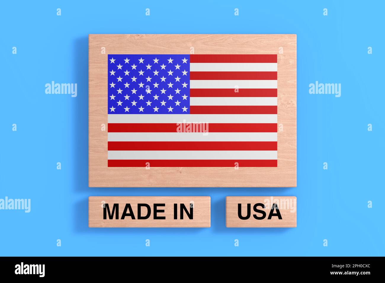 USA-Flagge und Made in USA auf einem Holzblock auf blauem Hintergrund unterschreiben. 3D-Rendering Stockfoto